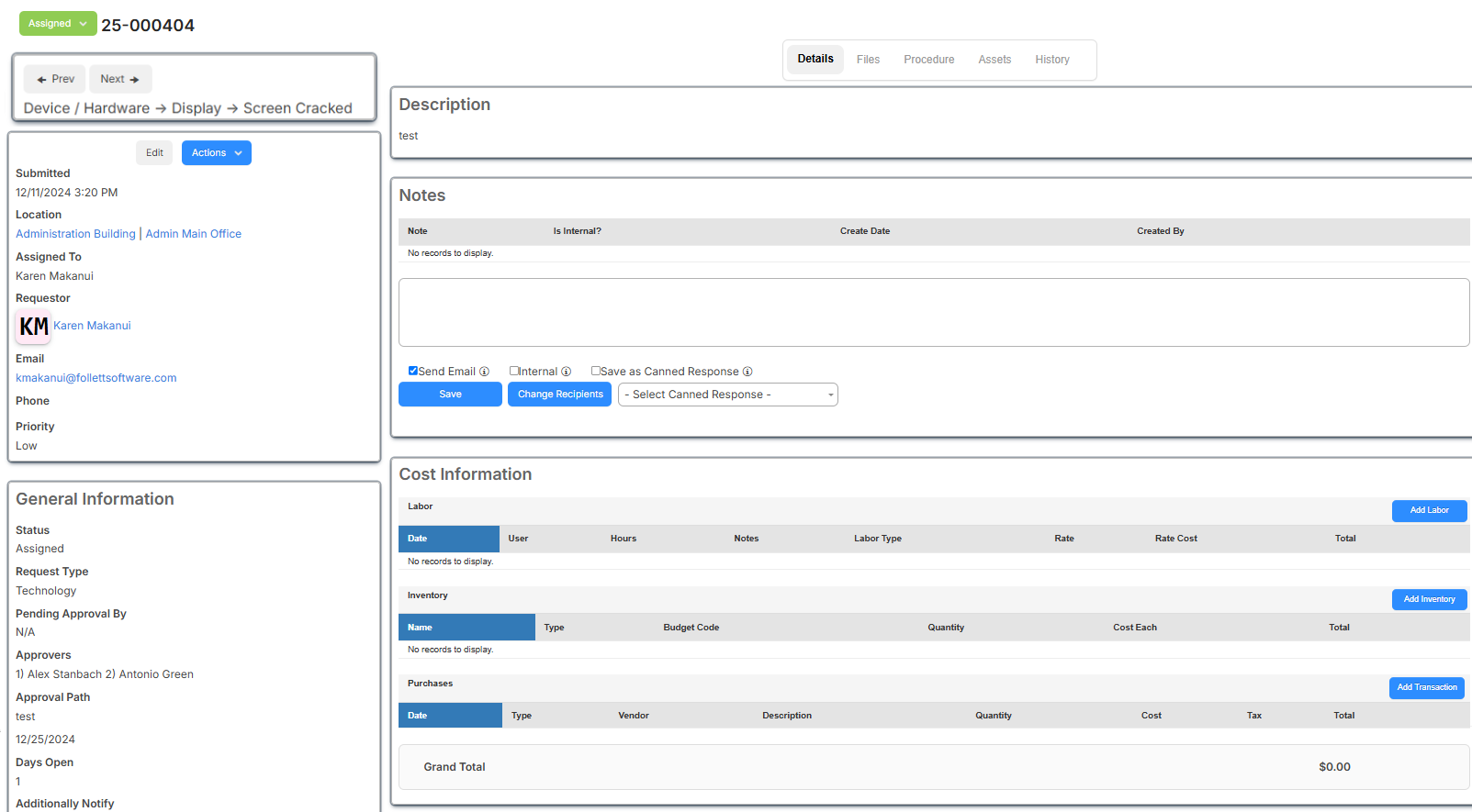 Assigned request details page